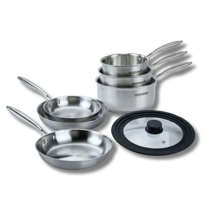 Batterie de cuisine avec 3 poêles 20/24/26 cm et 2 casseroles 14/18 cm et 1 couvercle de cuisson universel sans PFAS Fackelmann Vita3