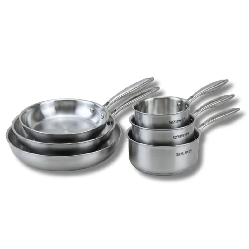 Batterie de cuisine avec 3 poêles 24/26/28 cm et 2 casseroles 14/18 cm en inox sans PFAS Fackelmann Vita3