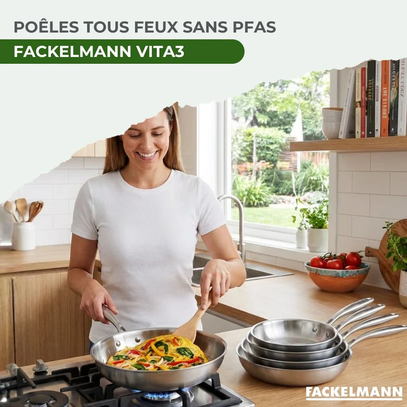 3 poêles 20 24 et 26 cm inox 18/10 Triply Fackelmann Vita3