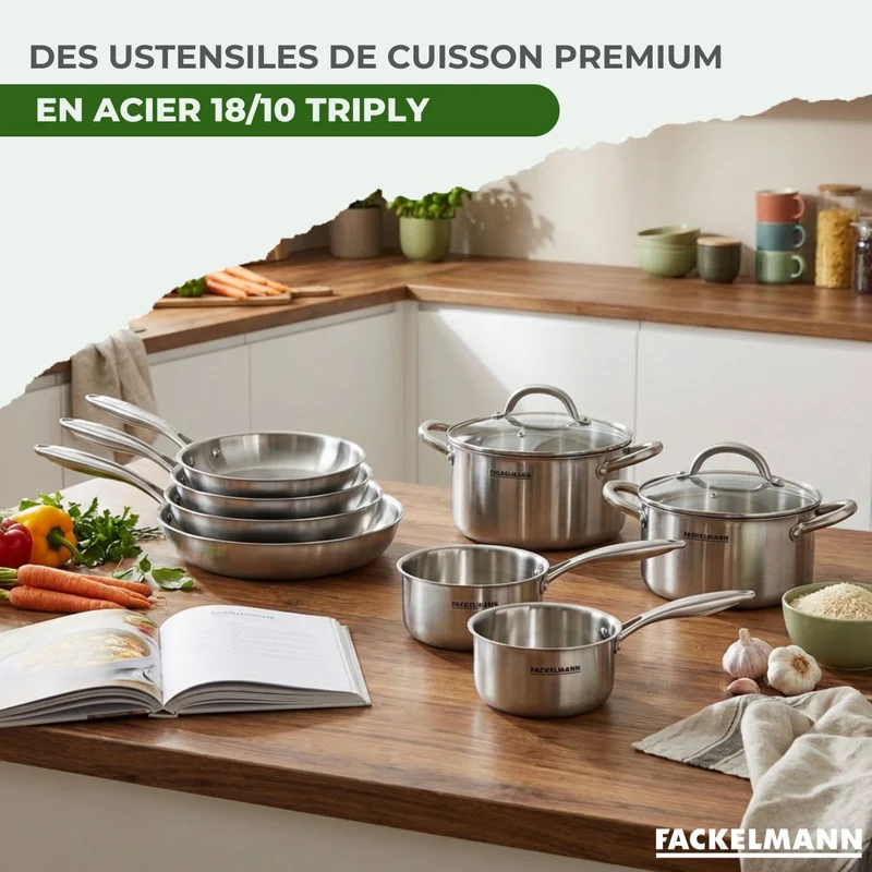 Poêles à Frire 20 26 cm, Casseroles 14 et 18 cm, Faitouts 20 24 cm inox 18/10 Triply et Couvercle Fackelmann Vita3