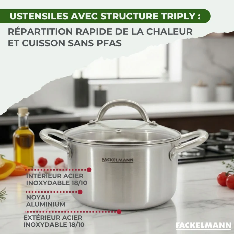 Batterie de cuisine avec 2 poêles 20/24 cm 2 casseroles 14/18 cm et 2 faitouts 20/24 cm sans PFAS Fackelmann Vita3