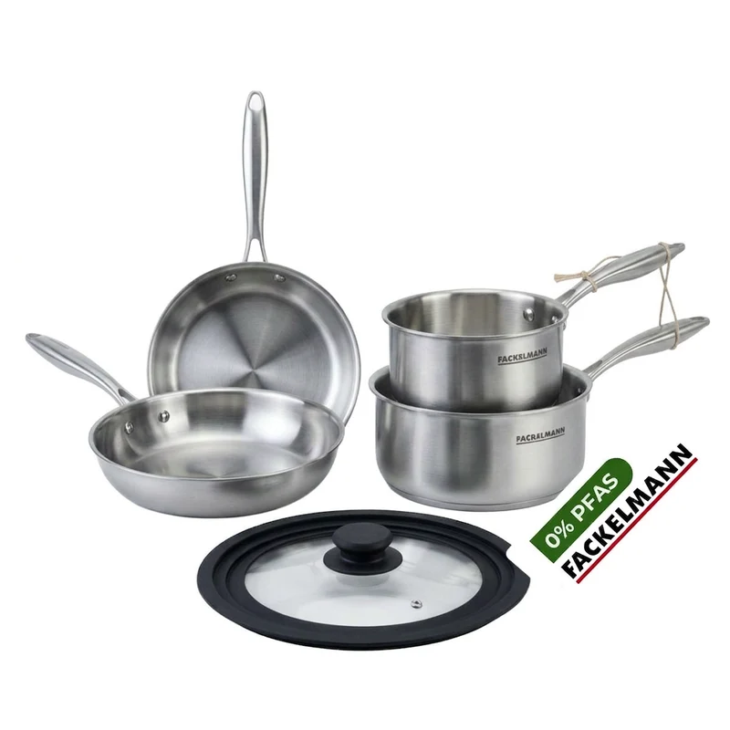 Batterie de cuisine avec 2 poêles 24/28 cm et 3 casseroles 14/18 cm avec 1 couvercle de cuisson universel sans PFAS Fackelmann Vita3