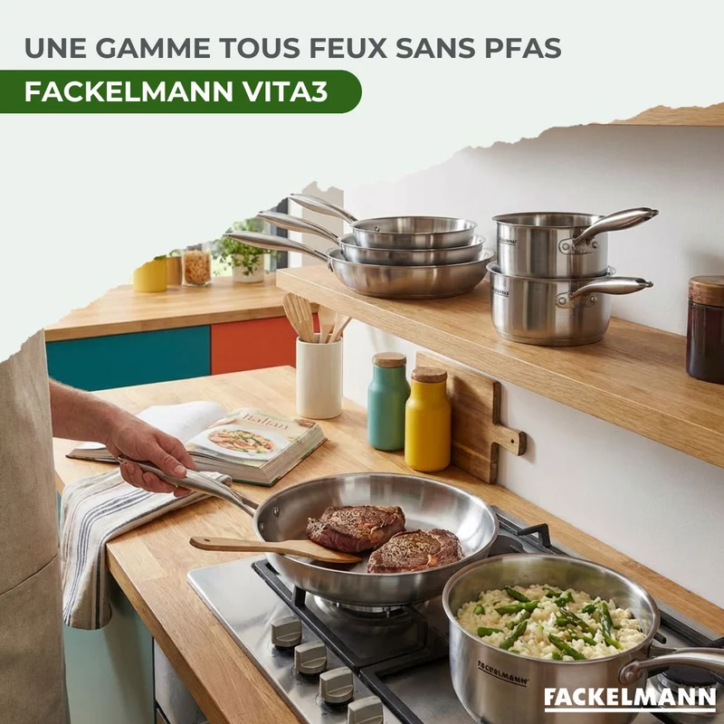 Batterie de cuisine avec 2 poêles 24/28 cm et 3 casseroles 14/18 cm avec 1 couvercle de cuisson universel sans PFAS Fackelmann Vita3