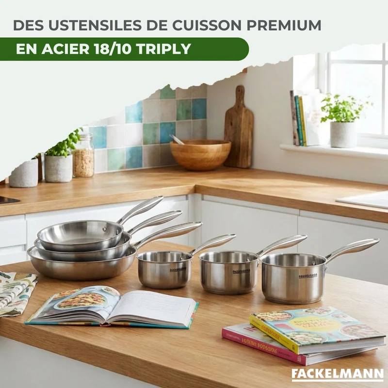 Batterie de cuisine avec 2 poêles 24/28 cm et 3 casseroles 14/18 cm avec 1 couvercle de cuisson universel sans PFAS Fackelmann Vita3