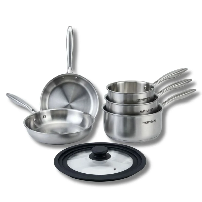 Batterie de cuisine avec 2 poêles 24/26 cm et 2 casseroles 14/18 cm avec 1 couvercle de cuisson universel sans PFAS Fackelmann Vita3
