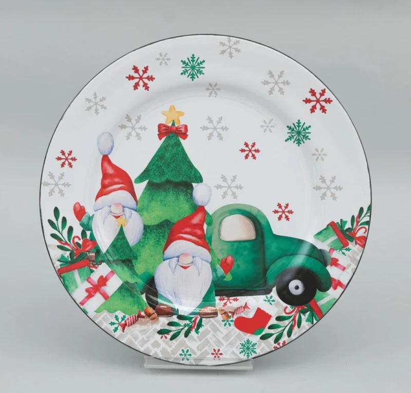 Assiette ronde 33 cm blanche, nains et voiture verte