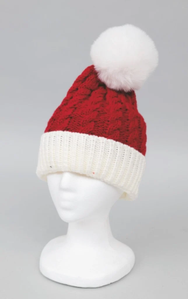 Bonnet adulte en laine avec pompon rouge