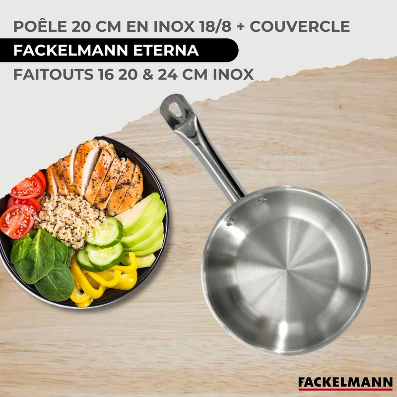 Batterie de cuisine avec 3 faitouts 16/20/24 cm et 1 poêle 20 cm avec 6 ustensiles de cuisine Fackelmann Etherna Brillant Vario avec couvercles