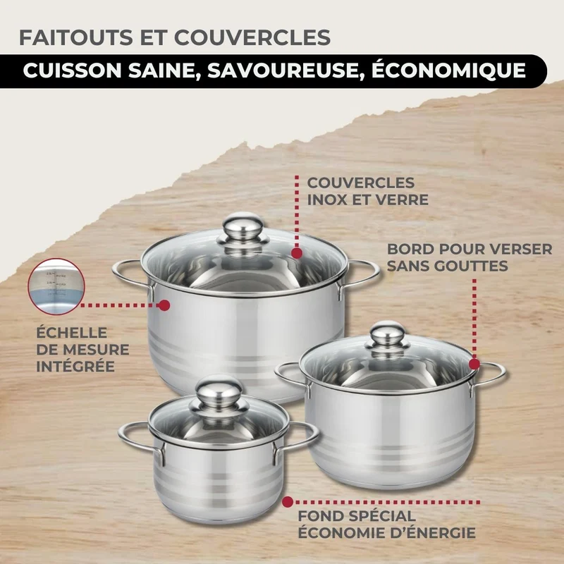 Batterie de cuisine avec 3 faitouts 16/20/24 cm et 1 poêle 20 cm avec 6 ustensiles de cuisine Fackelmann Etherna Brillant Vario avec couvercles