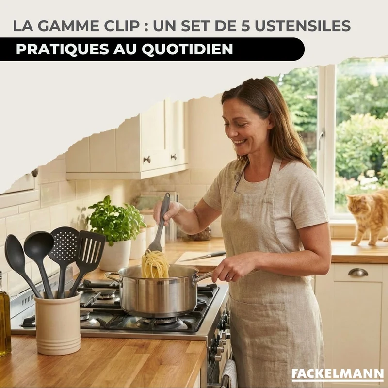 Batterie de cuisine avec 3 faitouts 16/20/24 cm 1 poêle 20 cm et 6 ustensiles de cuisine sans PFAS Fackelmann Etherna Brillant Clip avec couvercles