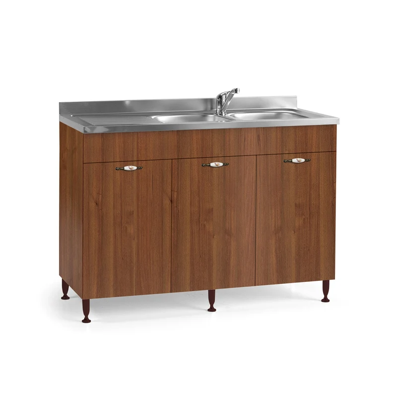 Meuble sous évier cuisine Noyer ancien 3 portes réversible 120x50xH85