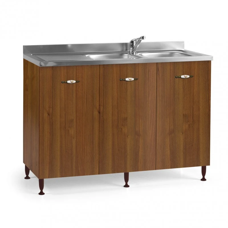 Meuble sous évier cuisine Noyer ancien 3 portes réversible 120x50xH85