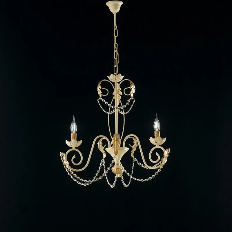 Lustre en fer doré Décape Ivoire avec strass damas trois lumières 47x h60 cm