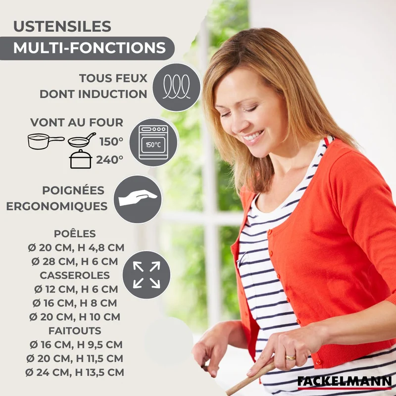 Batterie cuisine 2 poêles 20/28 cm 3 faitouts 16/20/24 cm 3 casseroles 12/16/20 cm 5 ustensiles Fackelmann Geneva