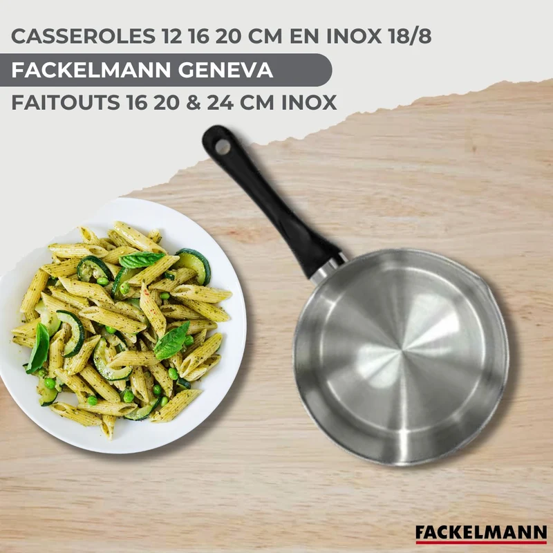Batterie de cuisine avec 3 faitouts 16/20/24 cm et 3 casseroles 12/16/20 cm avec 5 ustensiles de cuisine sans PFAS Fackelmann Généva Brillant Ocean