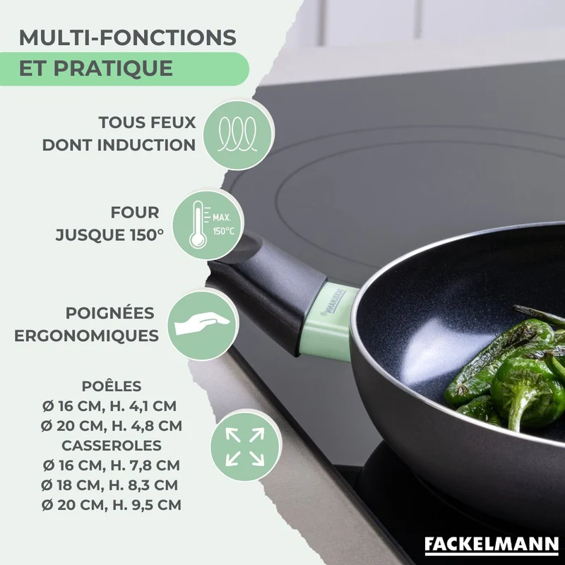 Batterie de cuisine avec 2 poêles 16/20 cm et 3 casseroles 16/18/20 cm avec 5 ustensiles de cuisine sans PFAS Fackelmann Brandao Océan