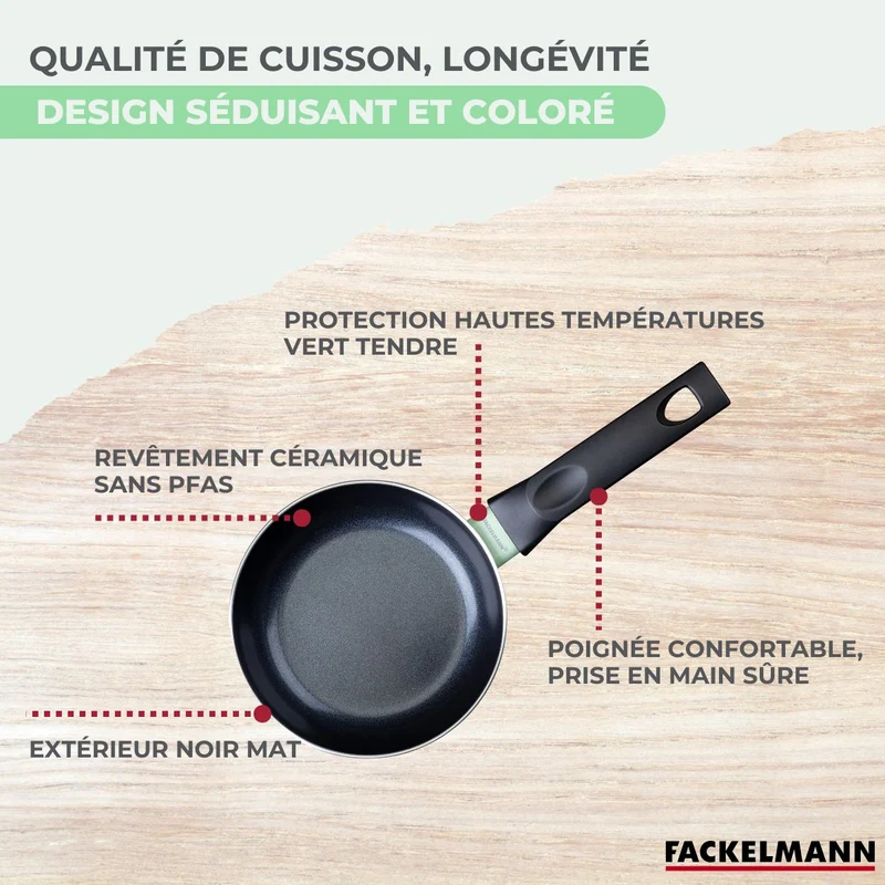 Batterie de cuisine avec 2 poêles 16/20 cm et 3 casseroles 16/18/20 cm avec 5 ustensiles de cuisine sans PFAS Fackelmann Brandao Océan