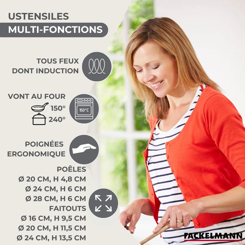 Batterie de cuisine Généva Brillant Vario avec 3 faitouts et 3 poêles avec couvercles et 8 ustensiles Fackelmann Généva Brillant Vario avec couvercles
