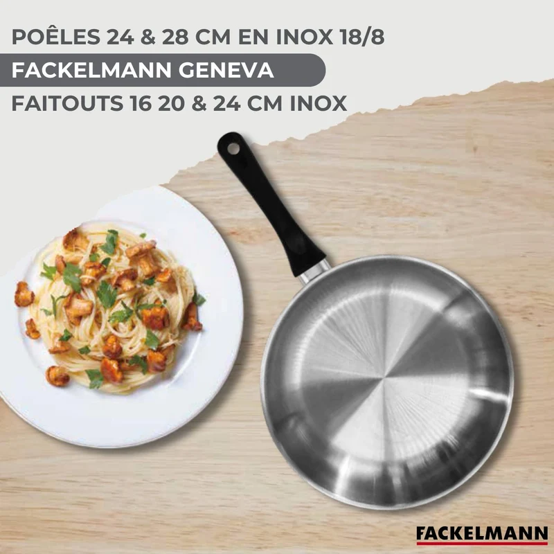 Lot 3 Poêles Inox 20/24/28cm Fackelmann Geneva & 3 Faitouts 16/20/24cm avec 5 Ustensiles Fackelmann