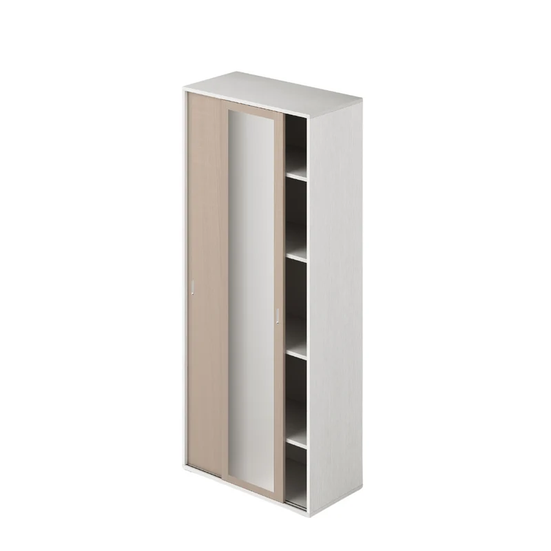 Armoire avec miroir, portes coulissantes et étagères, Orme et Blanc