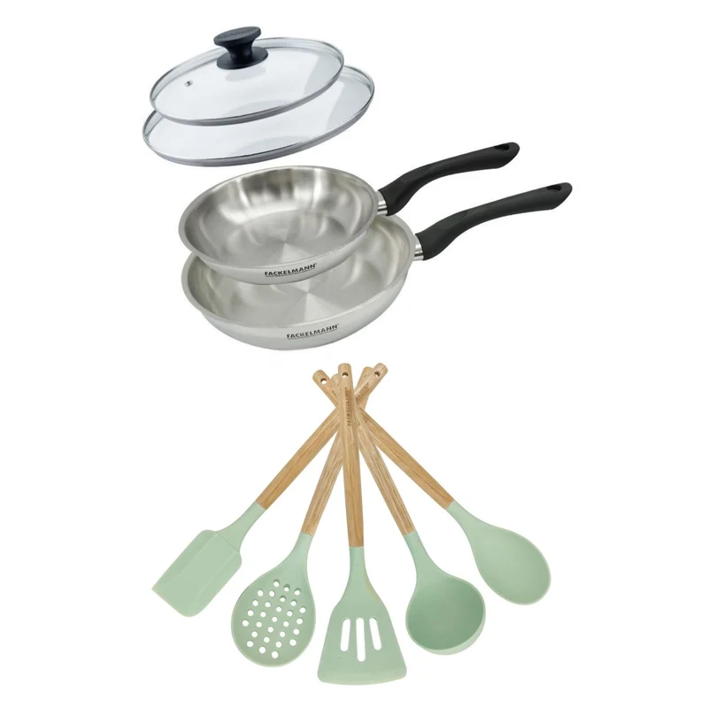Lot Poêles inox 20/24 cm Fackelmann Geneva avec couvercles et 5 ustensiles