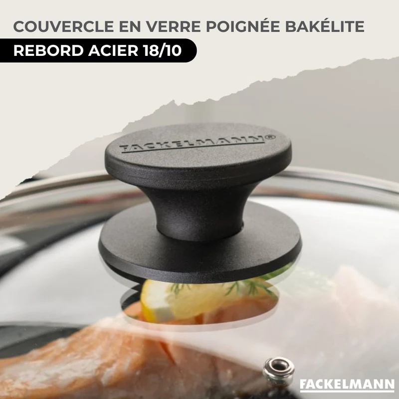 Lot Poêles inox 20/24 cm Fackelmann Geneva avec couvercles et 5 ustensiles