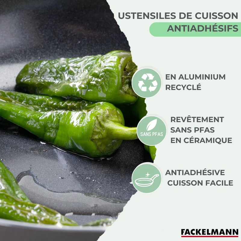 Batterie de cuisine avec 2 poêles 16/20 cm et 3 casseroles 16/18/20 cm et 5 ustensiles de cuisine sans PFAS Fackelmann Brandao Vario