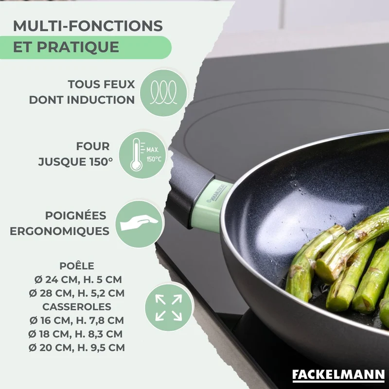 Batterie de cuisine avec 2 poêles 24/28 cm et 3 casseroles 16/18/20 cm et 5 ustensiles de cuisine Fackelmann Brandao Vario