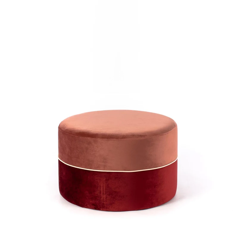 Pouf ancien en velours bois rose et bordeaux 62 x 62 x h 39 cm