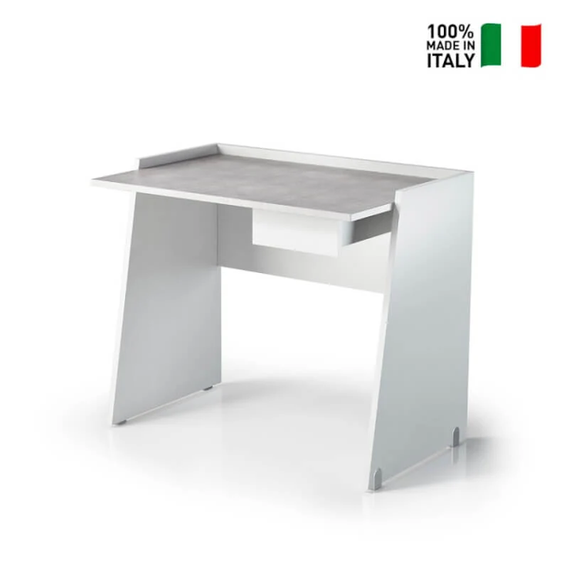 Bureau blanc avec tiroir et plateau effet béton gris