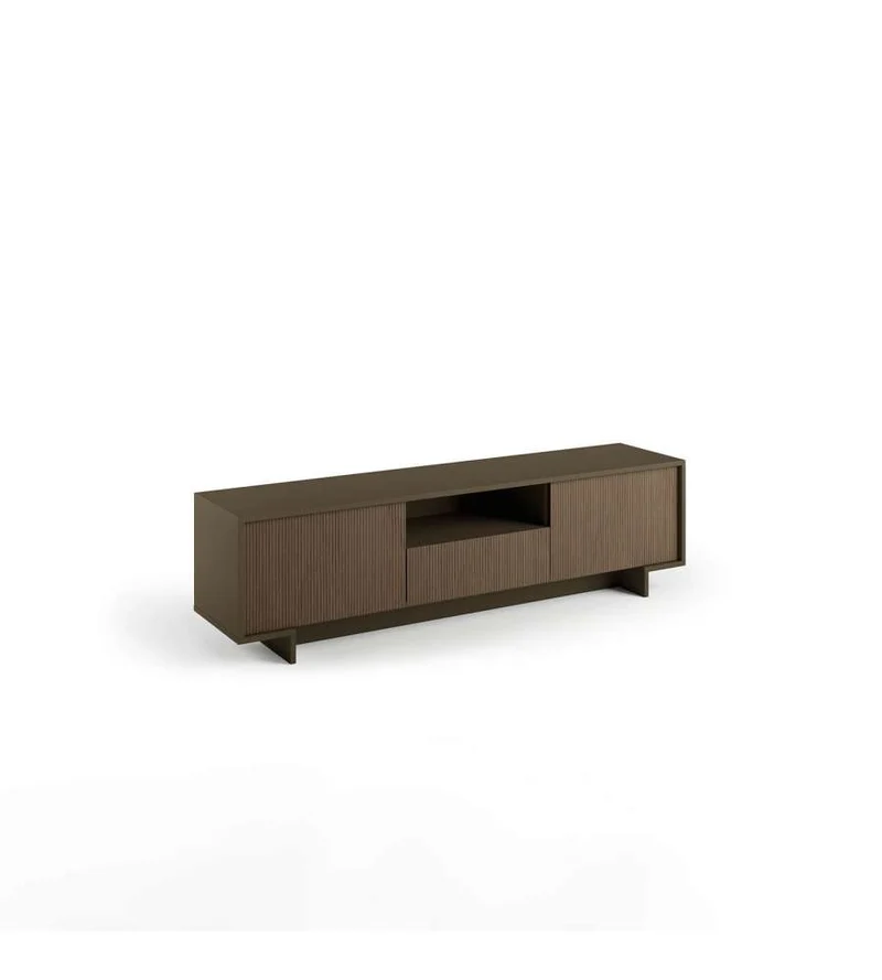 Meuble TV Bronze Avec 2 Portes et un Tiroir Central Avec Motif Canneté Foncé