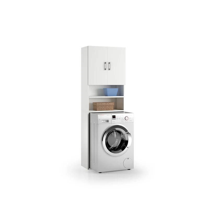 Meuble polyvalent au-dessus du lave-linge avec deux étagères et deux portes blanches