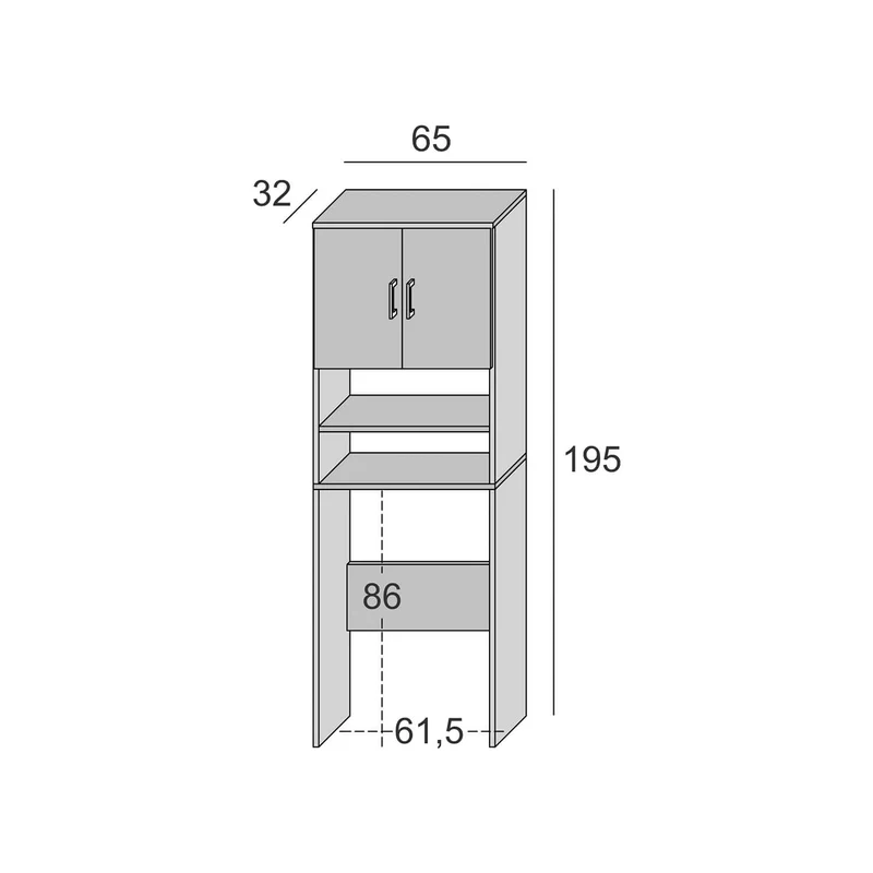 Meuble polyvalent au-dessus du lave-linge avec deux étagères et deux portes blanches