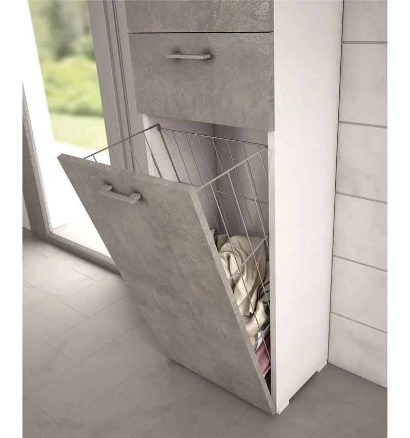 Armoire polyvalente avec panier à linge blanc avec porte en béton