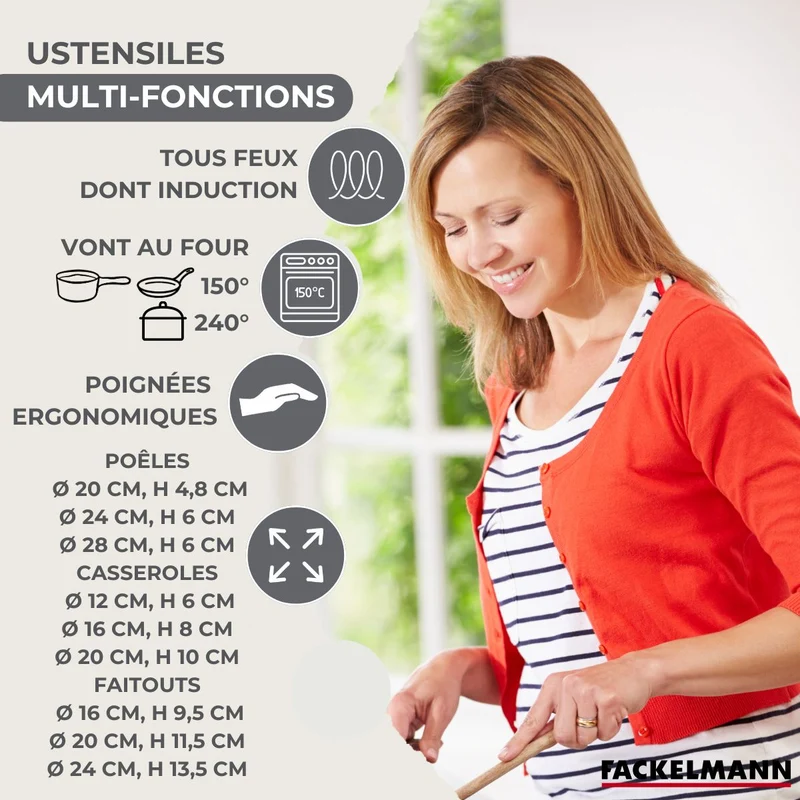 Batterie de cuisine avec 3 faitouts 16/20/24 cm et 3 casseroles 12/16/20 cm et 5 ustensiles de cuisine Fackelmann Généva Brillant Ocean