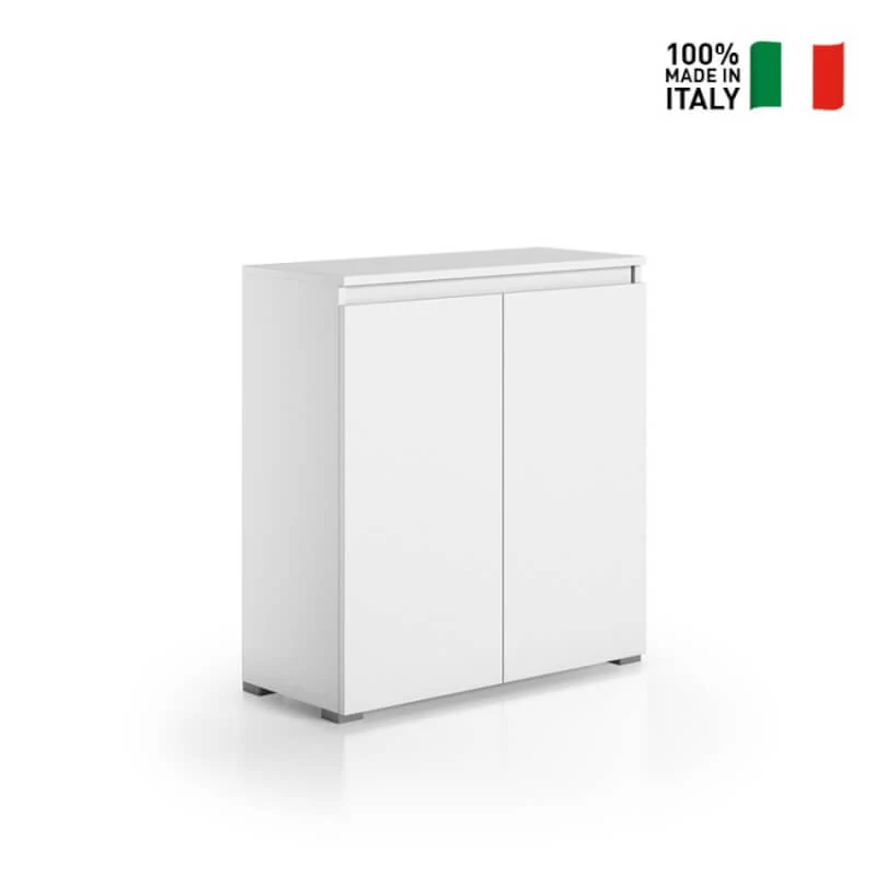 Armoire Multiusage 2 Portes, Poignée à Goulotte, 4 Étagères Réglables, Blanc