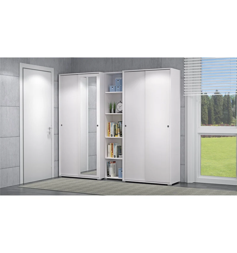 Armoire avec double porte coulissante et quatre tablettes réglables, portes blanches