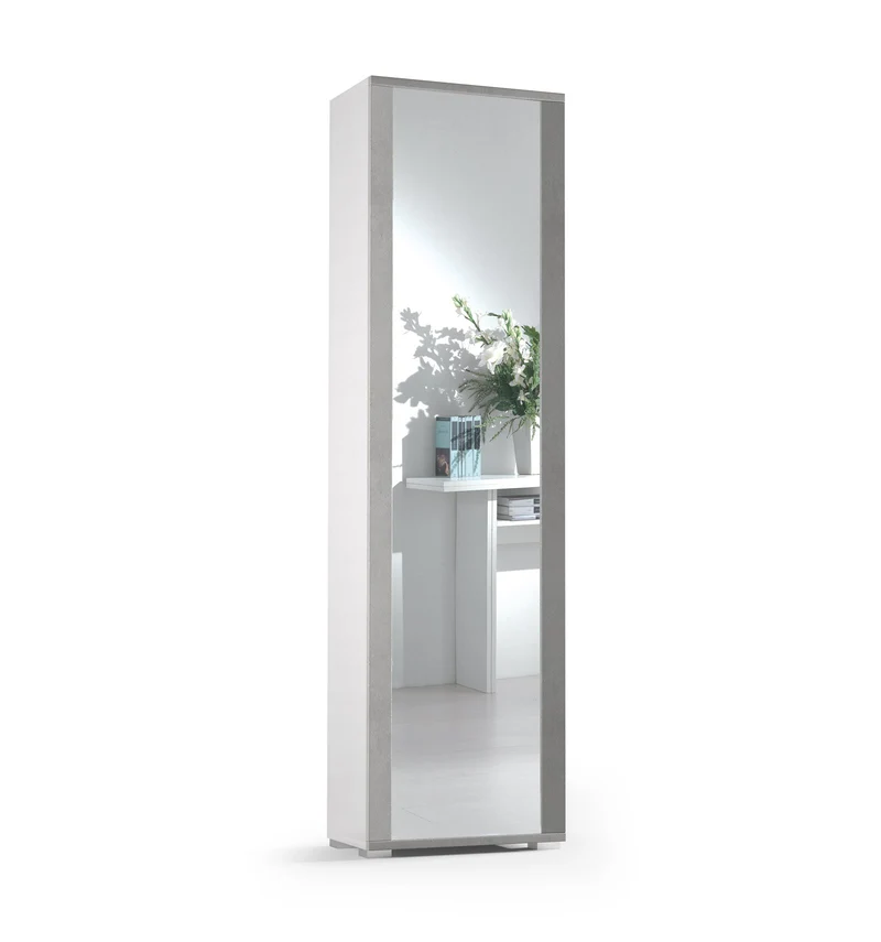 Étagère à chaussures avec porte miroir, 7 étagères, blanc/ciment