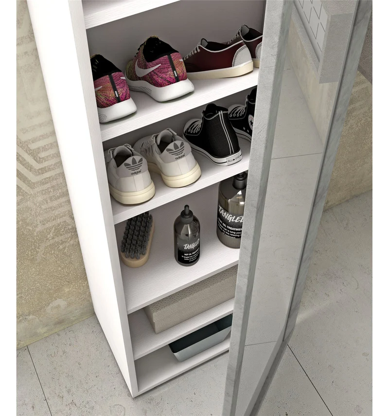 Étagère à chaussures avec porte miroir, 7 étagères, blanc/ciment