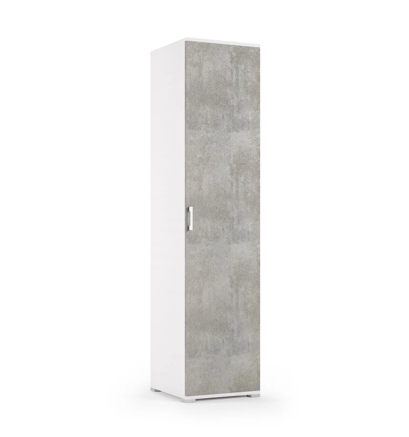 Armoire avec porte simple et quatre tablettes réglables, portes en béton blanc