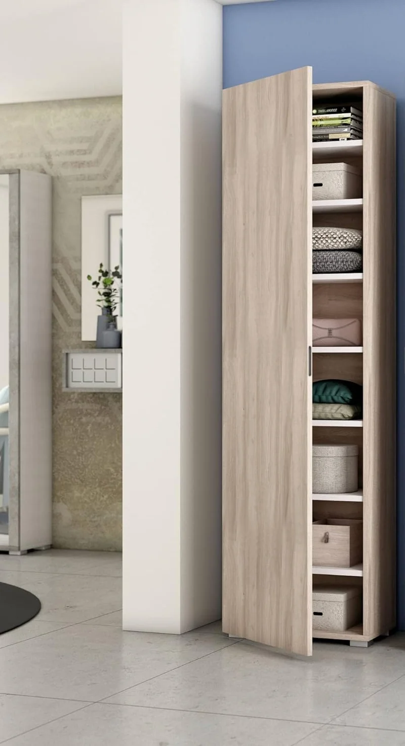 Armoire avec porte et sept étagères en orme