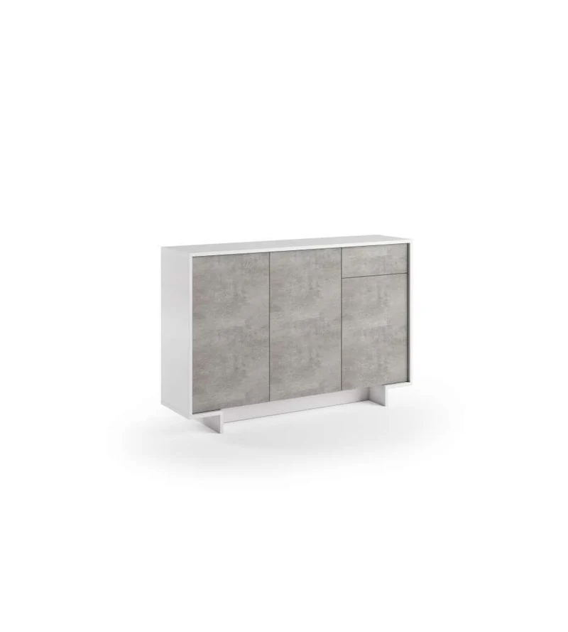 Buffet Slim 3 Portes, Tiroir, Étagères Intérieures, Blanc Ciment