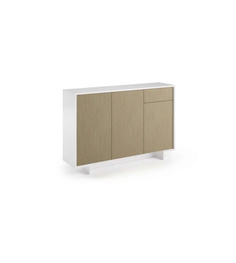 Buffet Slim 3 Portes, Tiroir, Étagères Intérieures, Blanc Caneté Clair