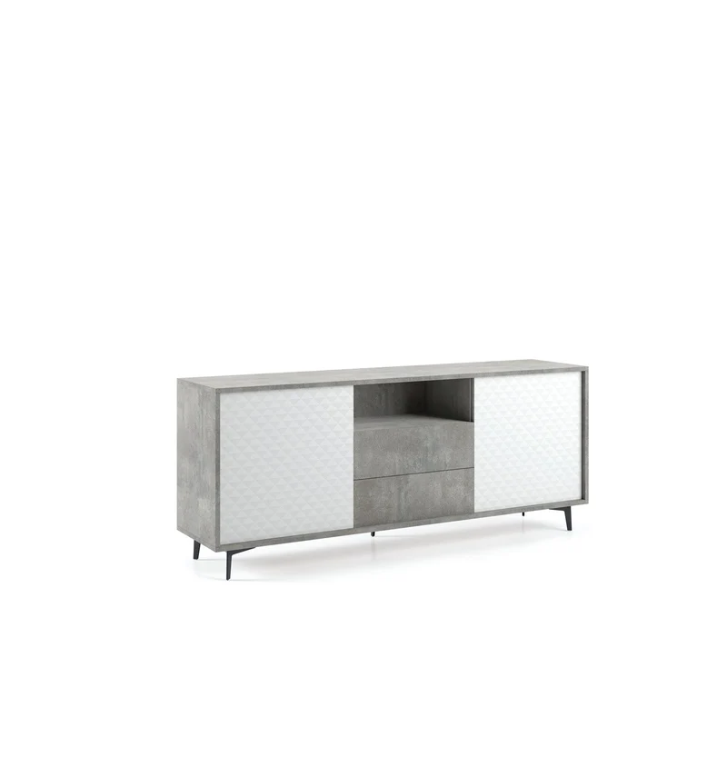 Buffet avec Structure Gris, Portes Blanc Dama, 2 Tiroirs, Ouverture Push