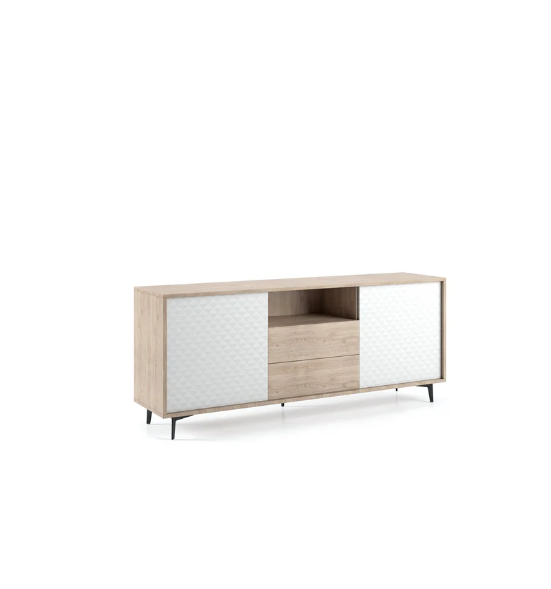 Buffet Structure Chêne, Portes Blanches Dama et 2 Tiroirs, Ouverture Push