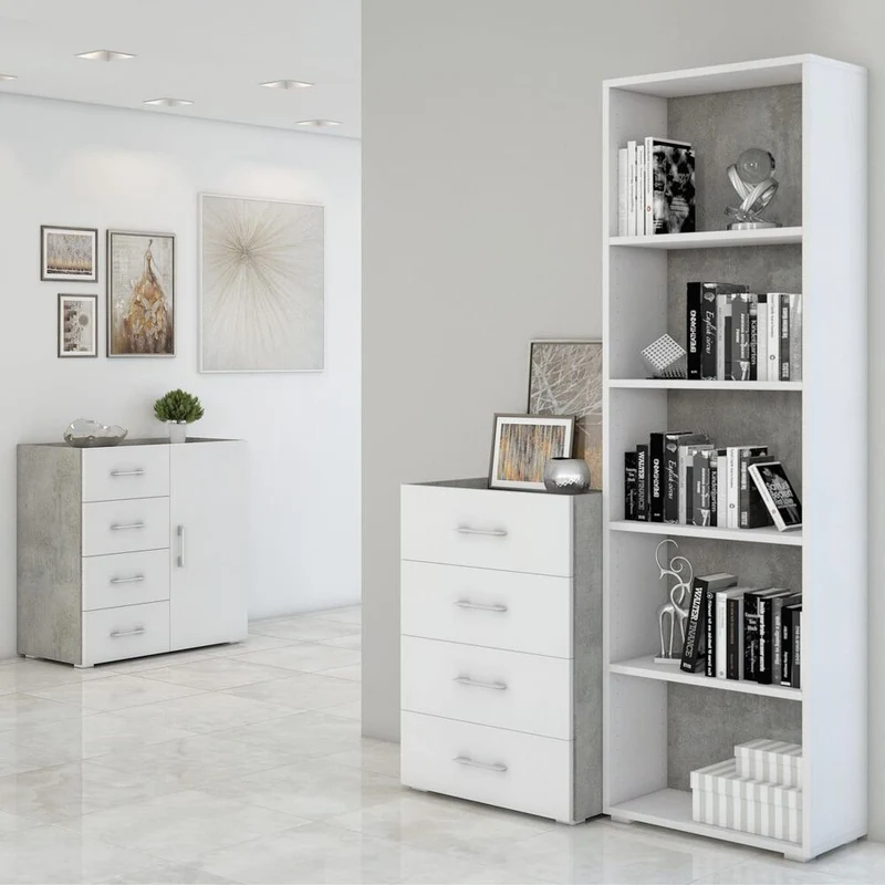 Bibliothèque compacte avec cinq étagères réglables, blanc, fond béton