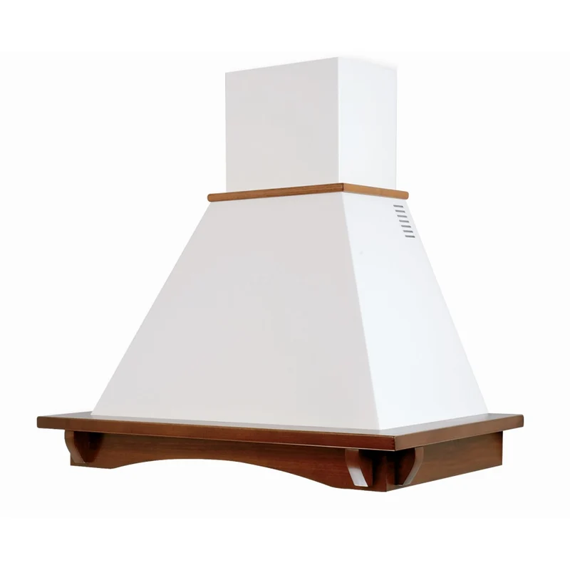 Hotte de cuisine rustique blanche CASTELLO avec cadre en bois incrusté couleur tabac 90 cm