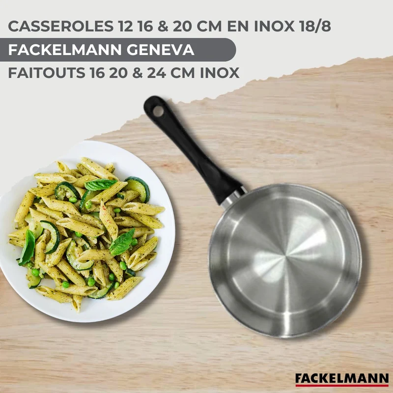 Batterie de cuisine avec 3 casseroles 12/16/20 cm et 3 faitouts 16/20/24 cm avec 6 ustensiles de cuisine sans PFAS Fackelmann Généva Brillant Oxford
