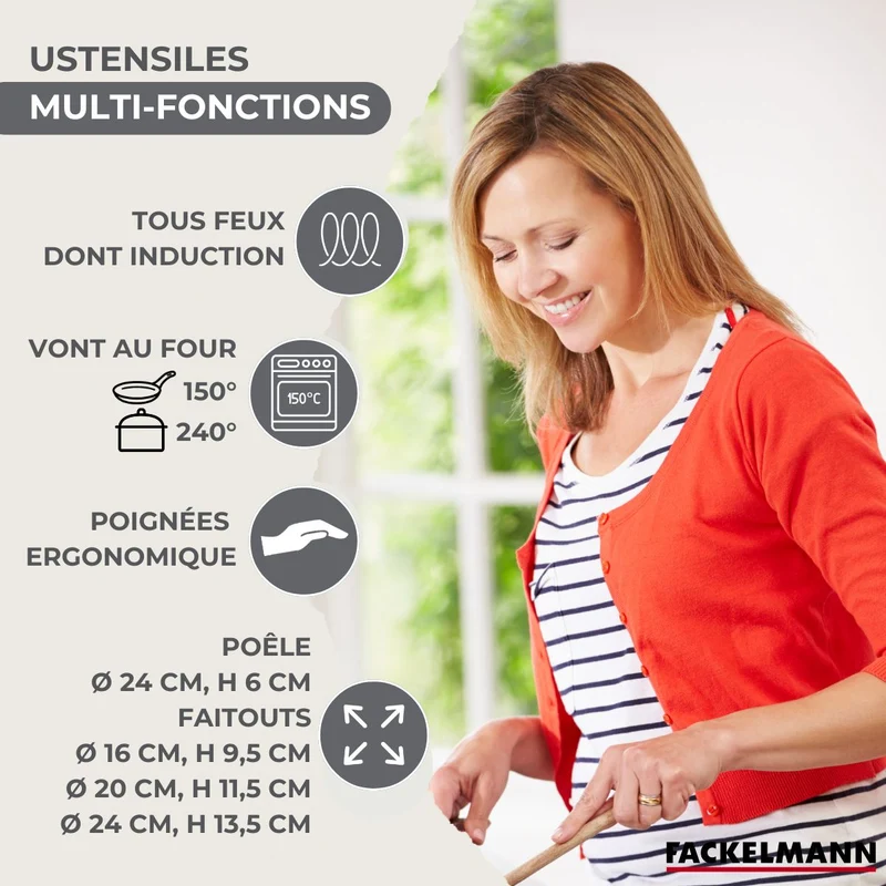 Batterie de cuisine avec 1 poêle 24 cm 3 faitouts 16/20/24 cm et 7 ustensiles de cuisine sans PFAS Fackelmann Généva Brillant Oxford avec couvercles