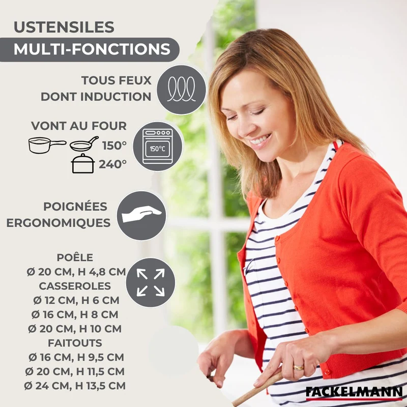 Batterie de cuisine 1 poêle 20 cm, 3 casseroles 12/16/20 cm, 3 faitouts 16/20/24 cm, 6 ustensiles Fackelmann Geneva